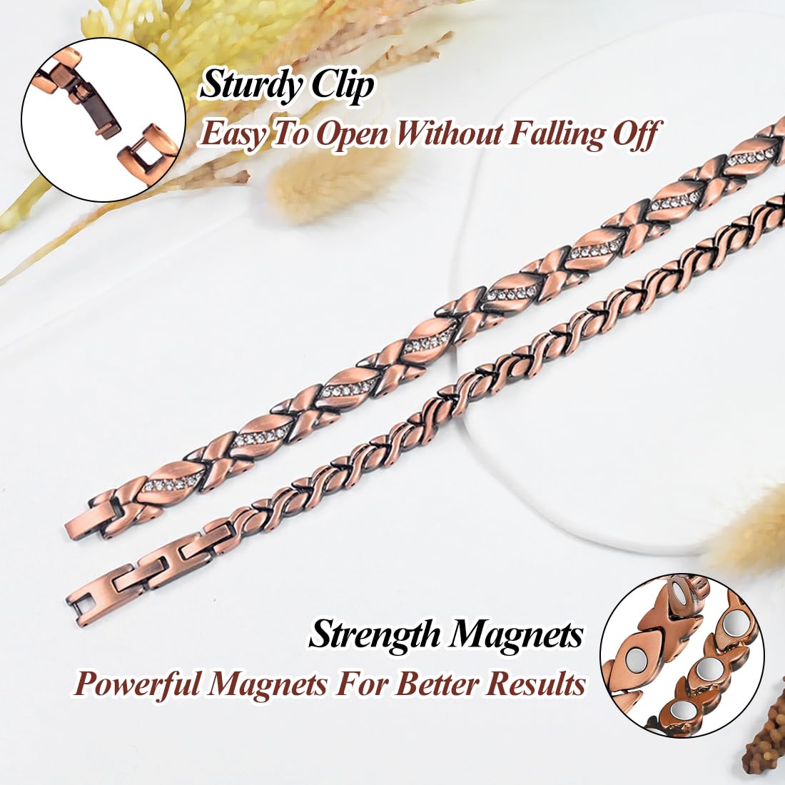 Vicmag 2PCS Copper Magnetic Bracelet for Women 99.9% Solid Pure Copper Strong Magnets Jewelry Gift Adjustable Length