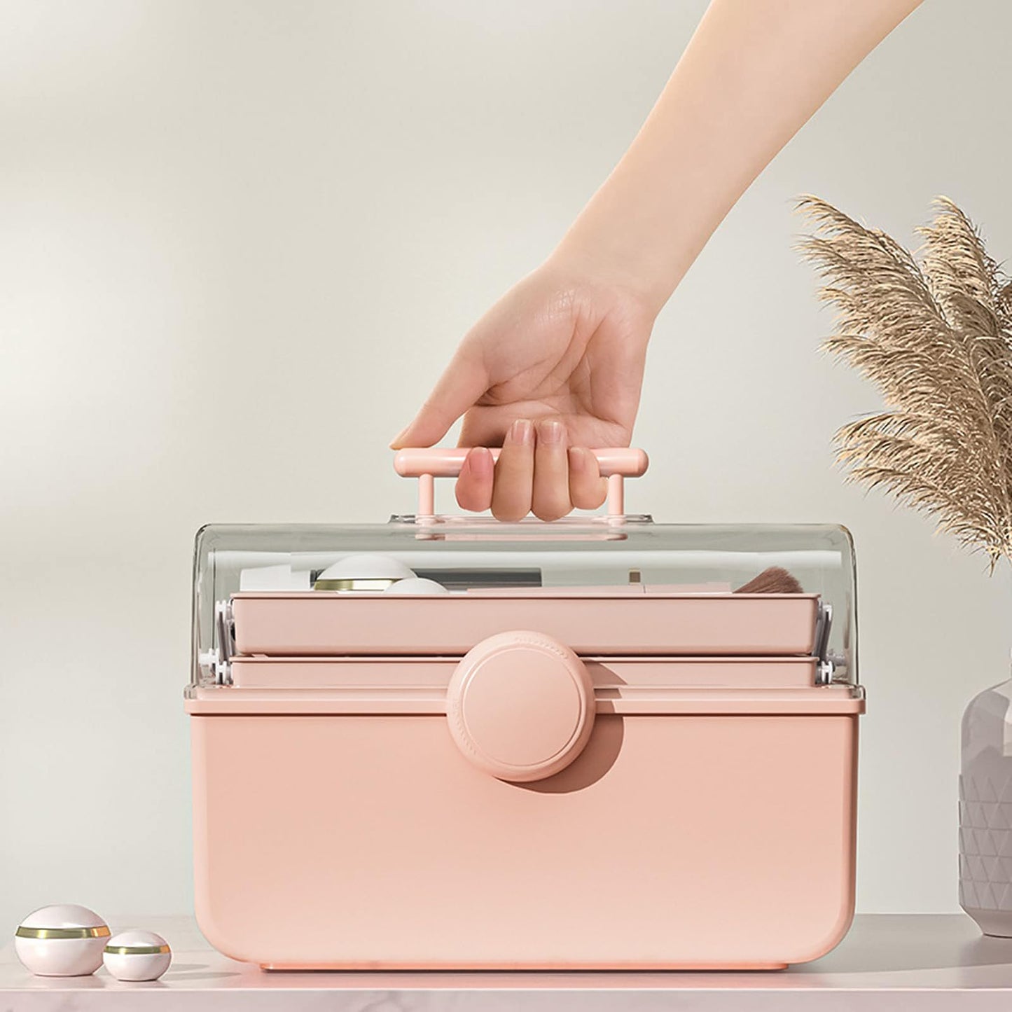 WMM Makeup Storage Organizer, Large Capacity Makeup Organizer with Transparent Visual Cover, Handle 3 Layers Portable Cosmetic Storage Box Easily Organize Your Cosmetics, Jewelry and Hair Accessories