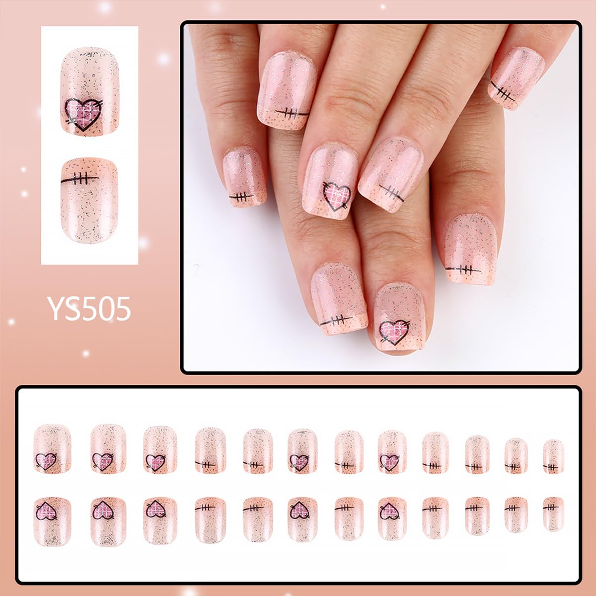 24Pcs Valentine's Press on Nails Short Square French Tip Fake Nails with Pink Heart Design Silver Glitter Artificial Nails Nude Full Cover Glue on Nails Valentines False Nails for Women DIY Nails