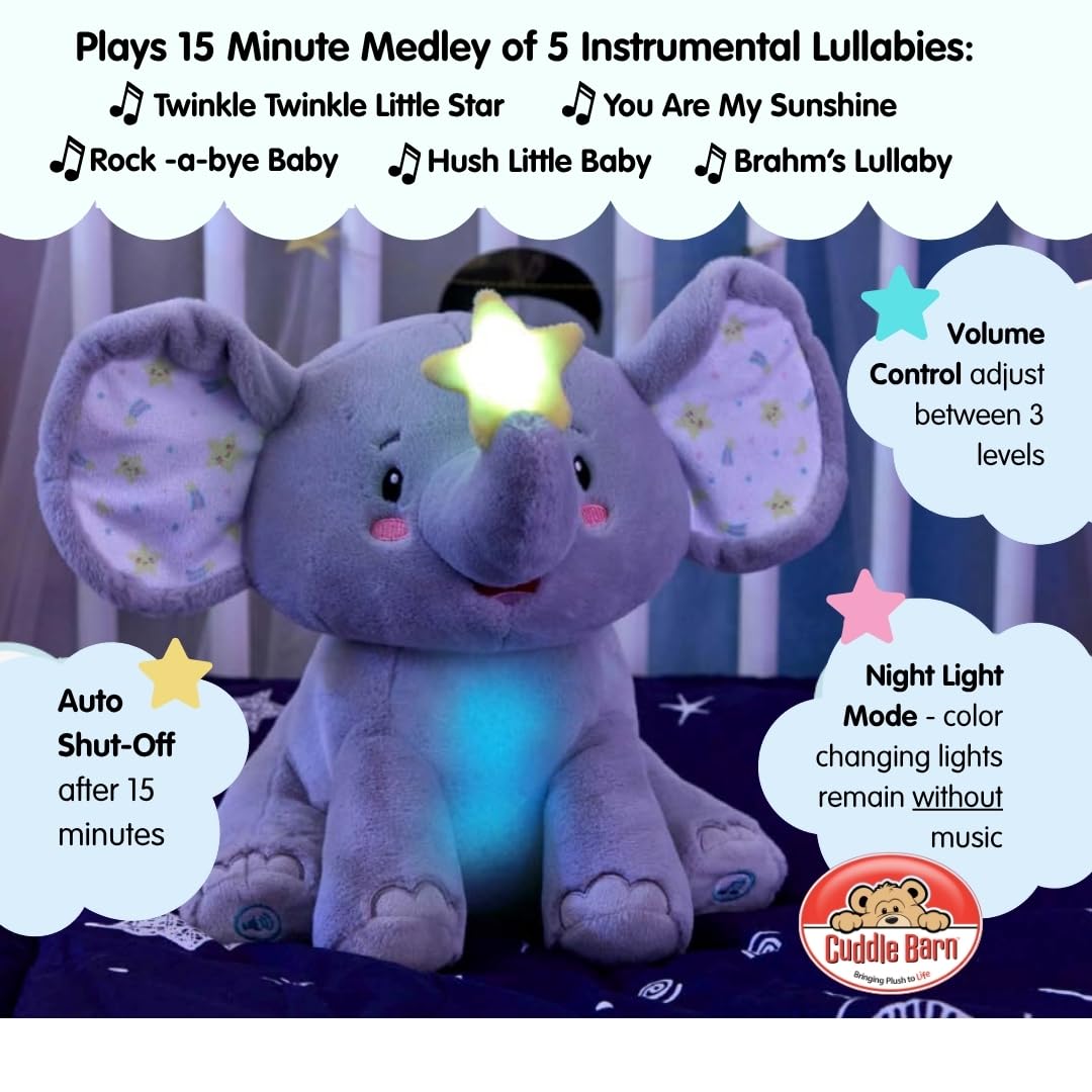 Cuddle Barn - Twinkling Starlight | Animated Musical Elephant Stuffed Animal Baby Plush Toy with Soothing Light and Volume Control Plays 15 Minutes of Lullabies, 11 inches