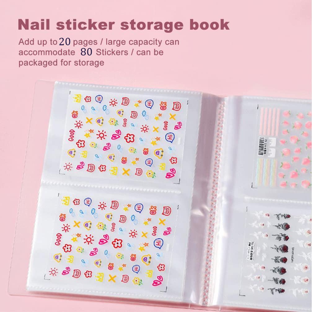2 Pack(160 Slots) Nail Art Sticker Storage Book Collecting Album, Empty Storage Holder and 80 Pcs Label Sticker, Easy Photo Album Semi-Permanent Tattoo Tools