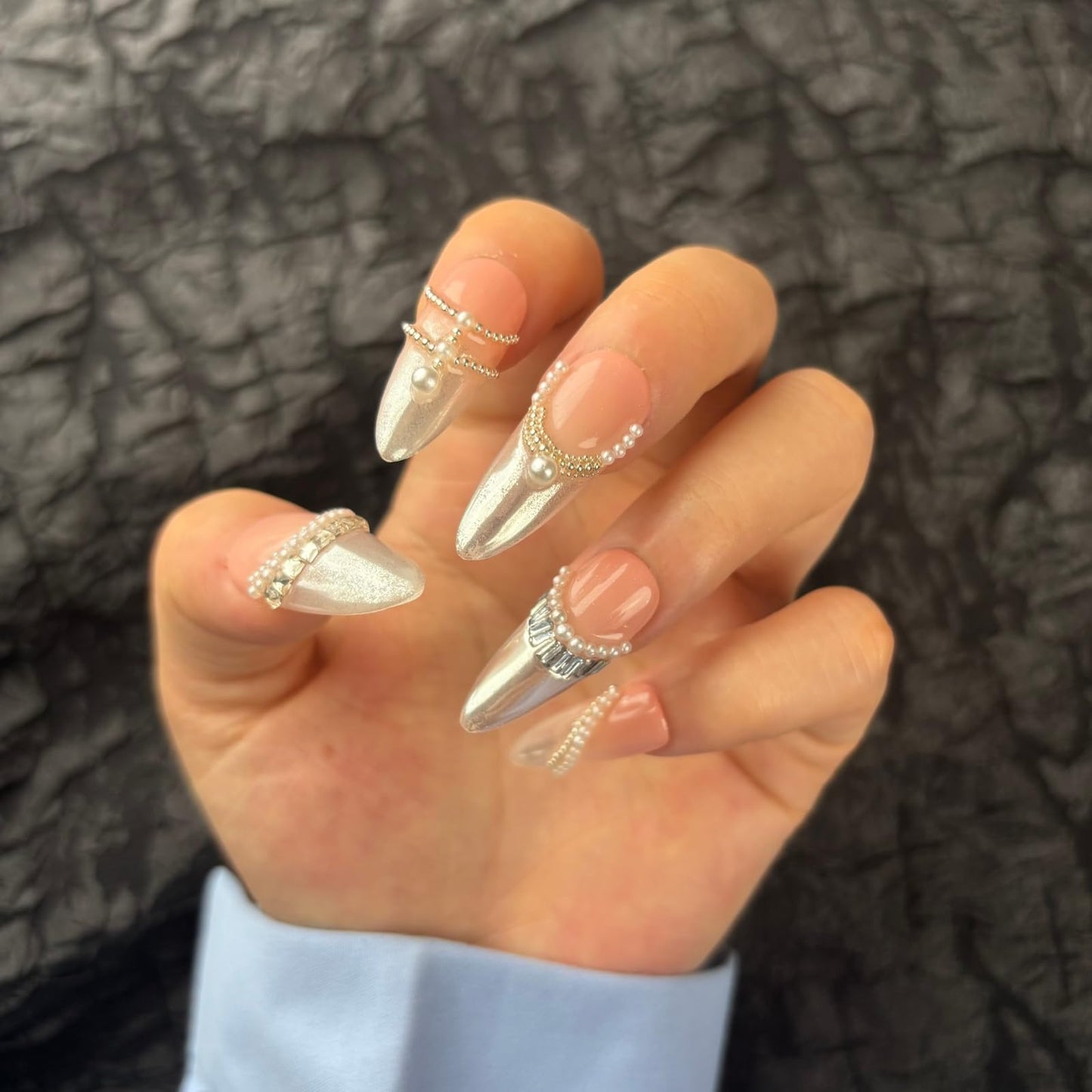 AKA Unicorn Large Trendy Handmade Press On French Nails Medium Almond Shape,10Pcs Thick Acrylic Fake Nails with 3D Pearl Cute Design Clip On Nail for Woman Gift
