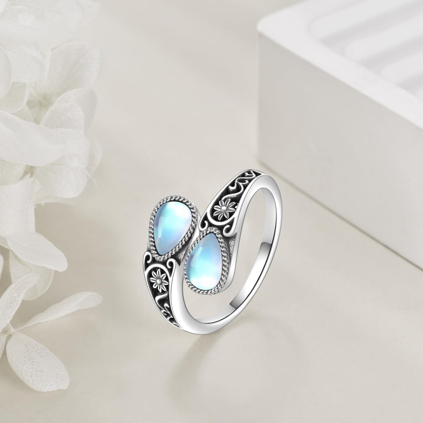 POPLYKE Sterling Silver Moonstone Filigree Spoon Ring Vintage Thumb Rings Boho Adjustable Open Ring Statement Jewelry Gifts for Women