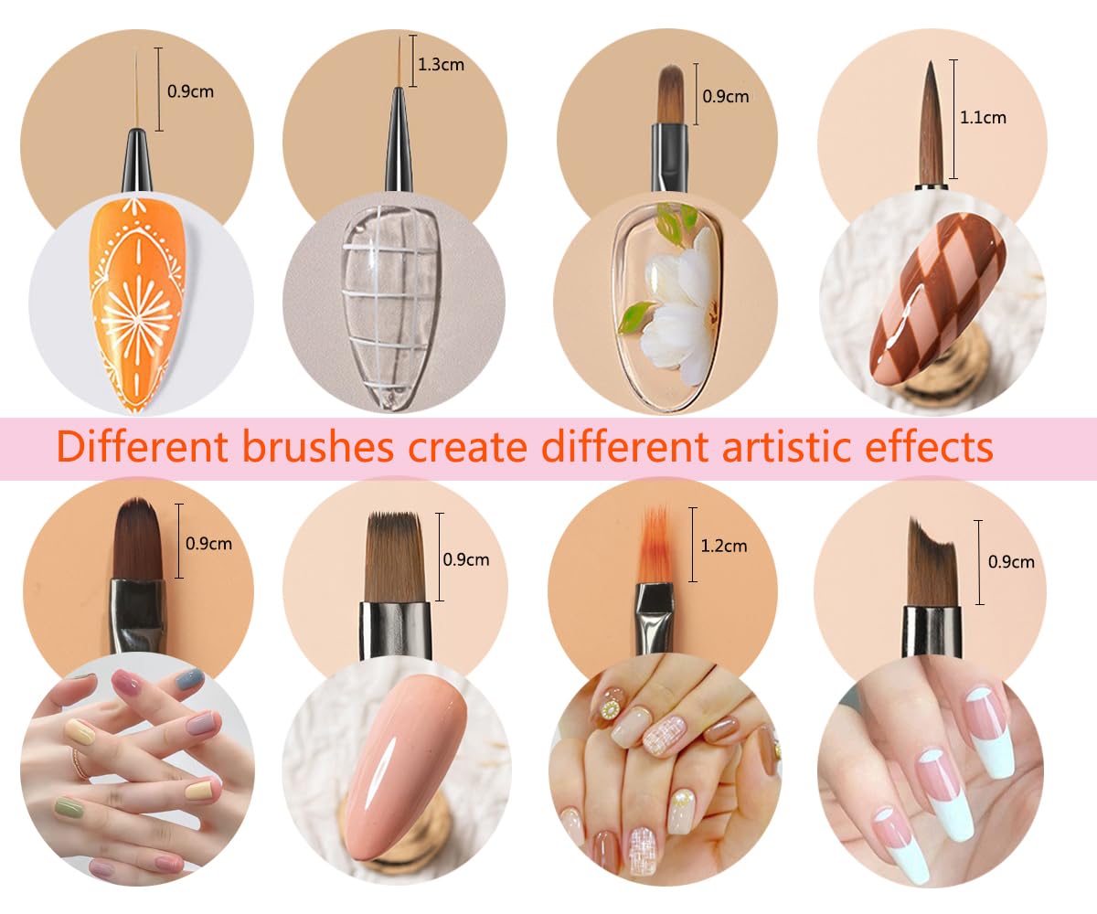 MIKOWEN 9PCS Nail Art Brushes Nail Art Tool Set Striping for Long Lines Nail Drawing Pen For Nail Design Brushes for Gel Polish Clean Up Brushes 3D Nail Art Decorations for DIY Manicure, Brown