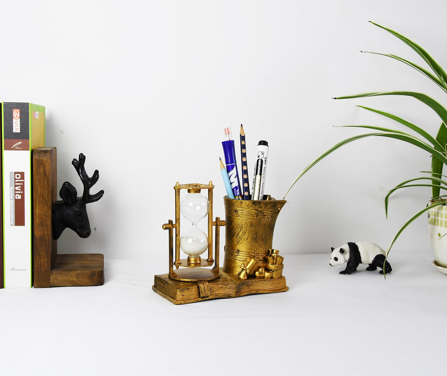 Music-Themed Pencil Holder with Hourglass, Resin Desktop Organizer for Office & Study, Pen Holder with Sand Timer, Classic Addition Scissors Storage, Artistic Accessory Gift