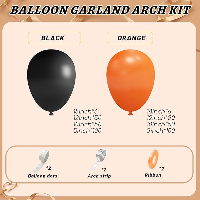 Black and Orange Balloons Garland Arch Kit, 412pcs Black Orange Halloween Balloons with Different Size for Graduation Halloween Harley Davidson Decorations
