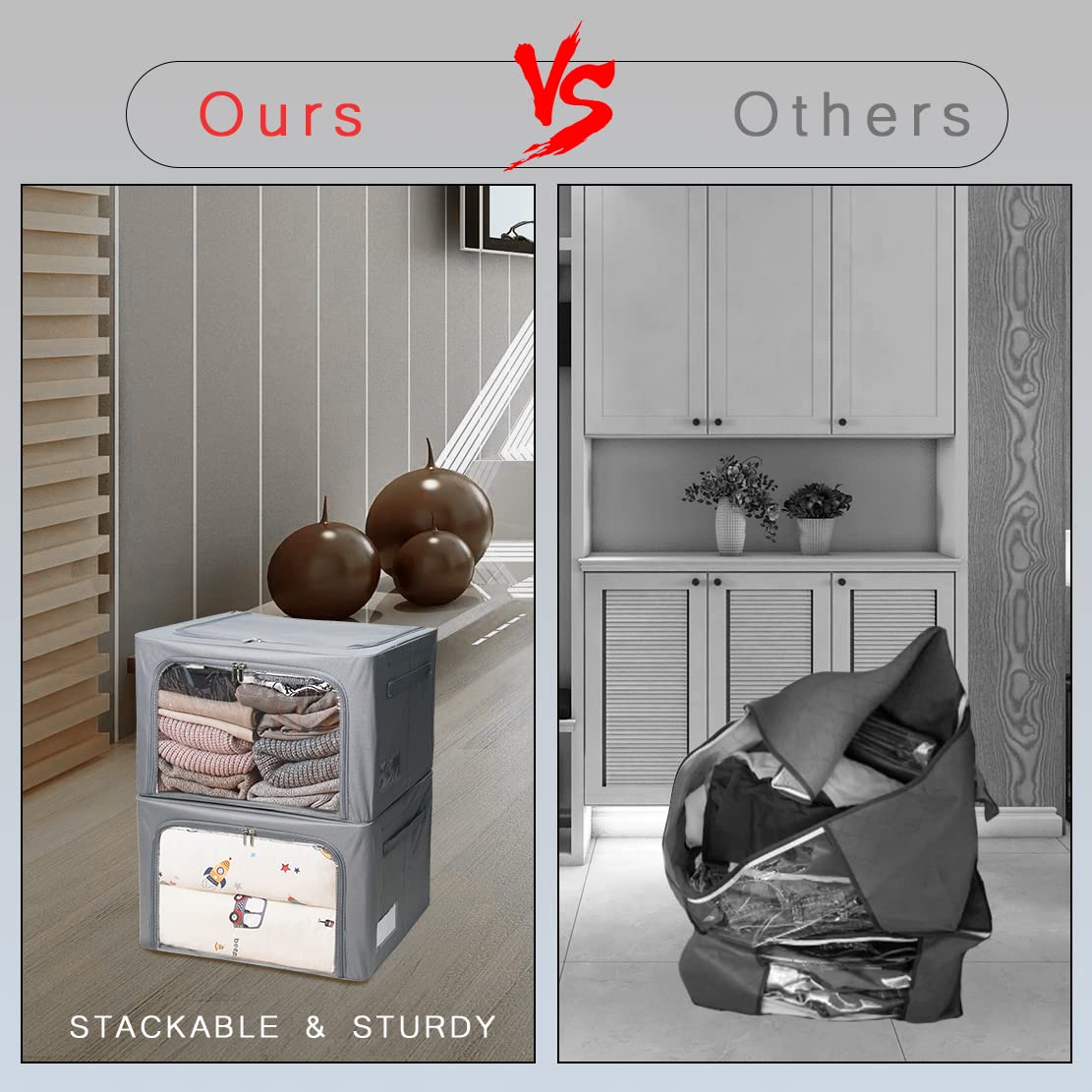 Stackable Clothes Storage Box for Clothing Gadgets,Steel Frame Storage Bins for Toys Gift,Foldable Oxford Fabric Closet Organizer Bag Set w/ Carry Handles Clear Window (Medium- 40L x3 Pack, Grey)