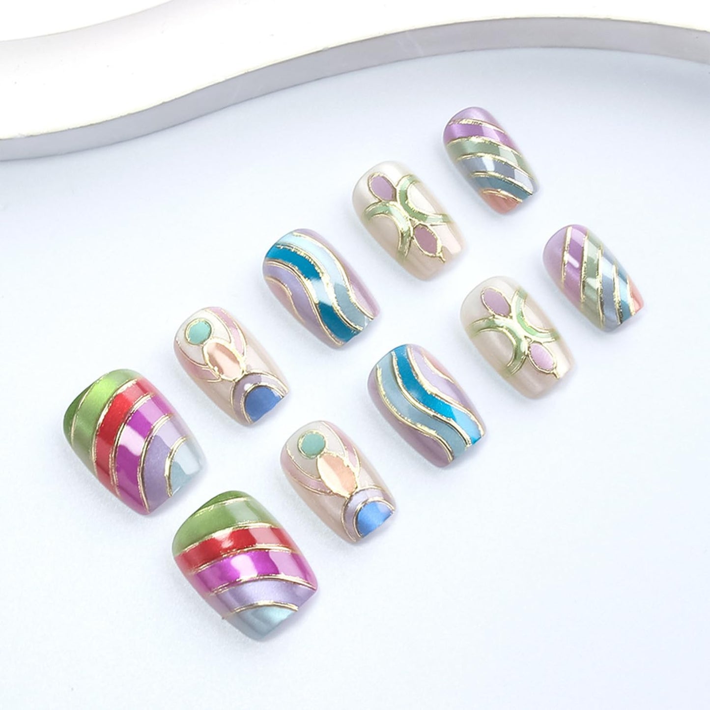 Vopintpy Multicolor Press on Nails Short Coffin Fake Nails with Design Glossy Acrylic Glue on Nail Reusable Full Cover Artificial Stick on Nail for Women DIY Manicure