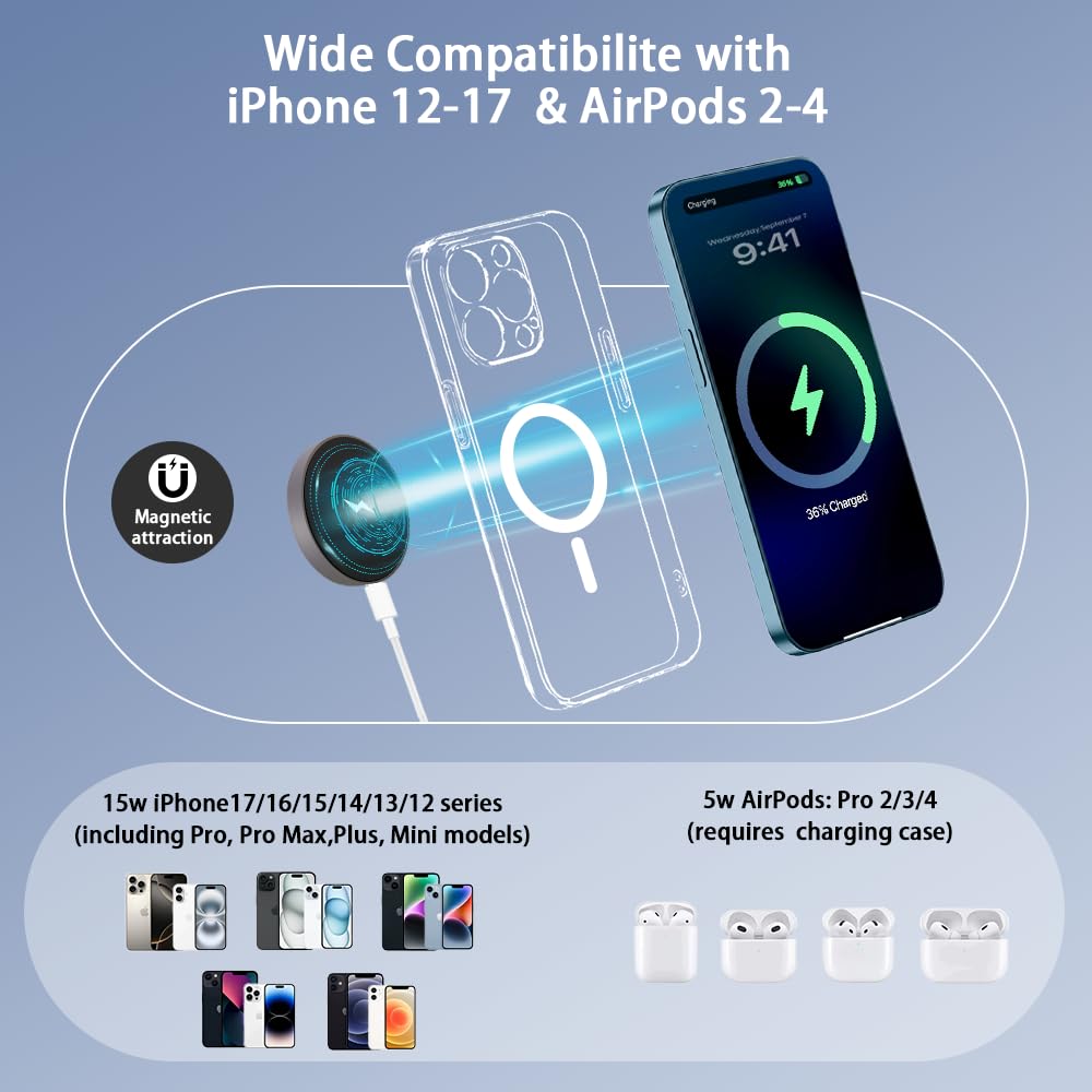 Metal Wireless Phone Charger 2 Pack, 15W Panda Magnetic Wireless Charger Pad for iPhone 17/16/15/14/13/12 Pro Max Plus and Airpods 4/3/2 Pro&Wireless Charger for Office for Nightstand for Travel