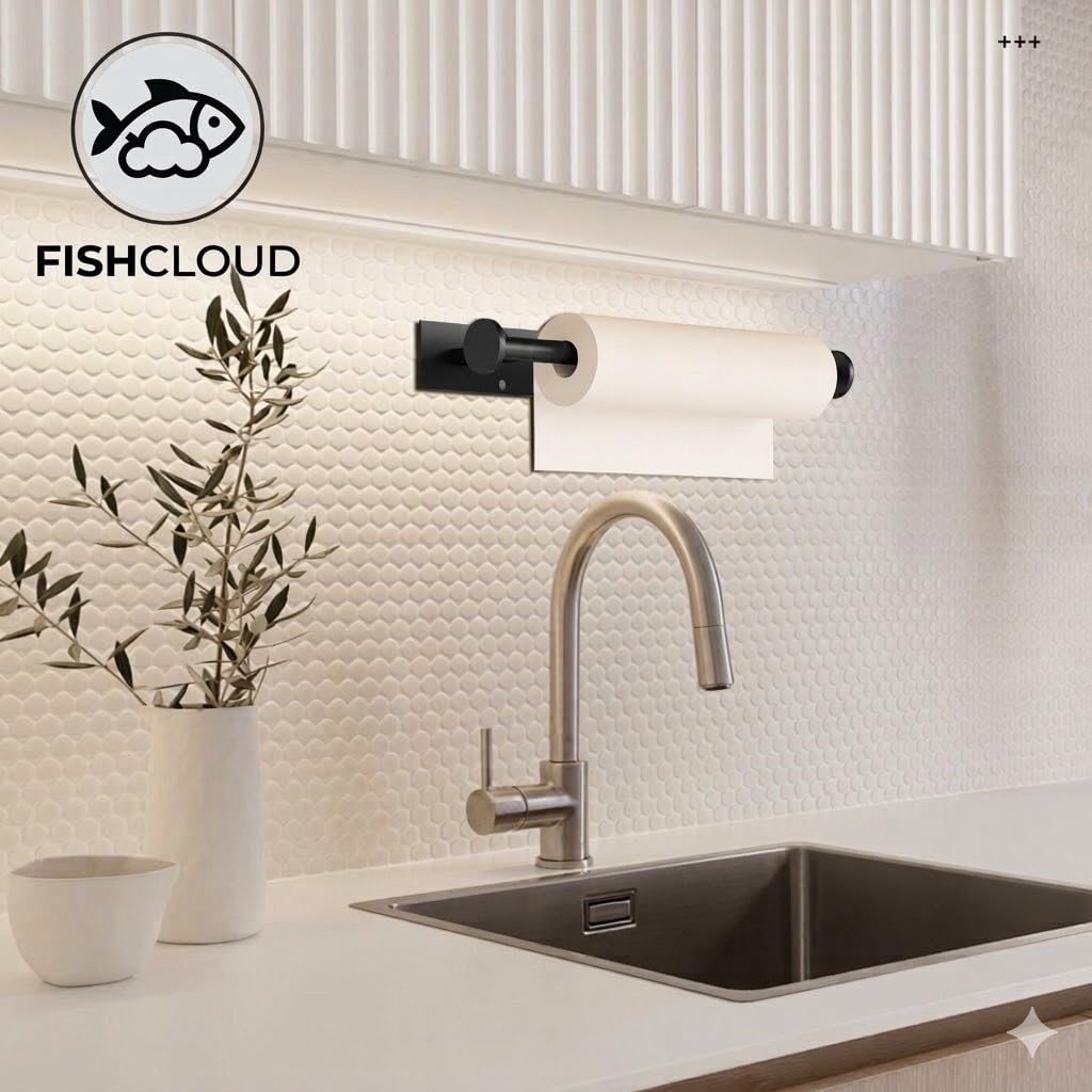 FISHCLOUD Paper Towel Holder Wall Mount - Self Adhesive No Drill or Drilling, SUS304 Stainless Steel - Kitchen, Bathroom, Sink, Pantry, Fridge(Black)