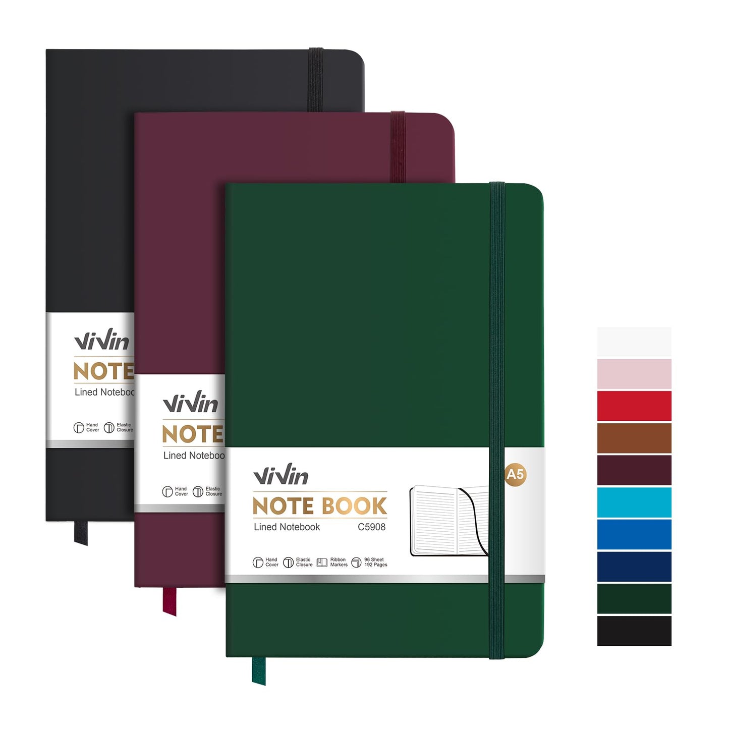 ViVin Lined Journal Notebooks, 3 Pack, (Black, Burgundy, Dark Green), 192 Pages, Medium 5.5 x 8.3 inch, College Ruled, A5 Hardcover Notebooks, Journaling Notebooks for Work, Writing, School