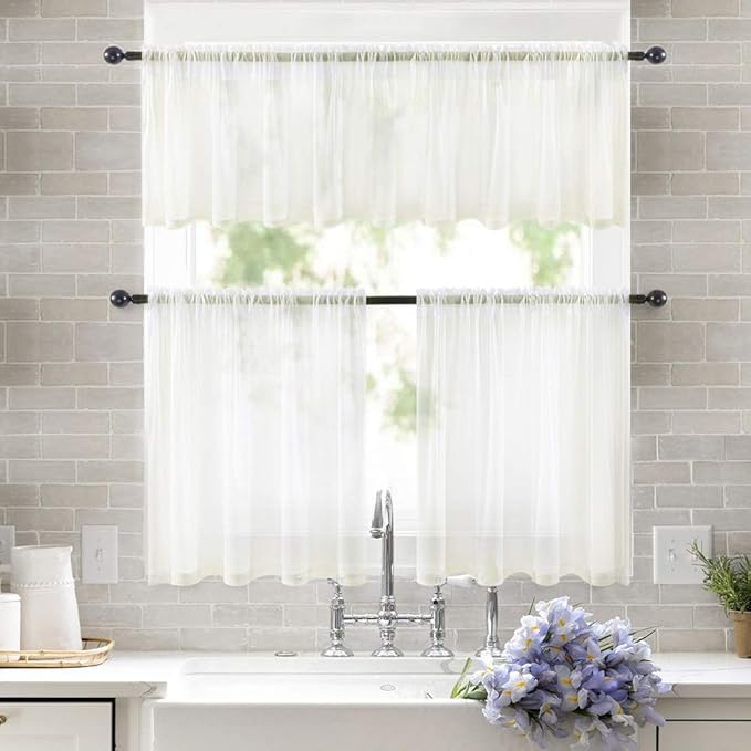 MIULEE 2 Panels Kitchen Tiers Half Window Sheer Curtains Rod Pocket Voile Drapes for Kitchen Bathroom Small Windows 29 by 36 Inch Ivory