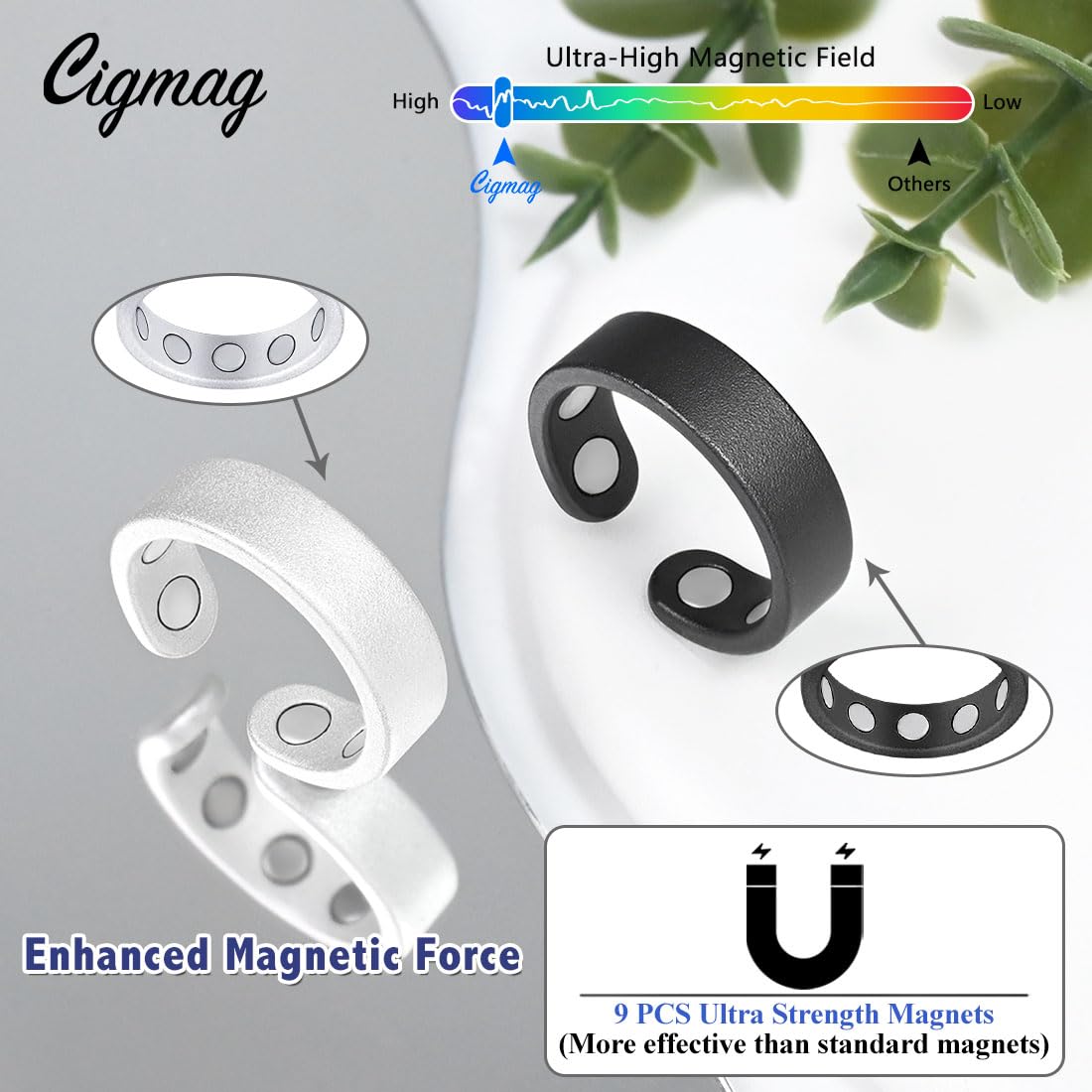 Cigmag 9X Copper Rings for Women Men, with Powerful Magnets, Adjustable Solid Pure Copper (Black & Silver Matte)