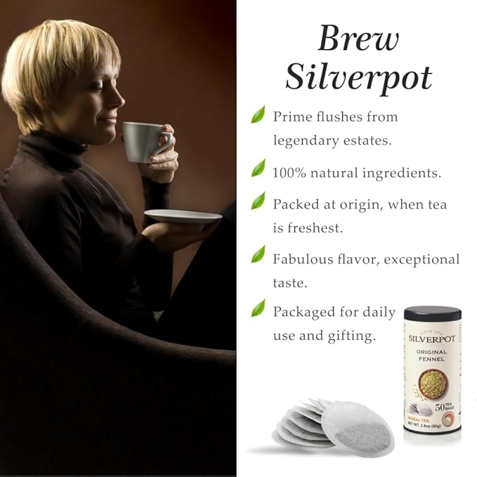 Silverpot Original Fennel Tea - 50 Round Tea Bags | Fennel Seeds | Caffeine Free, 100% Natural | Reusable Tin