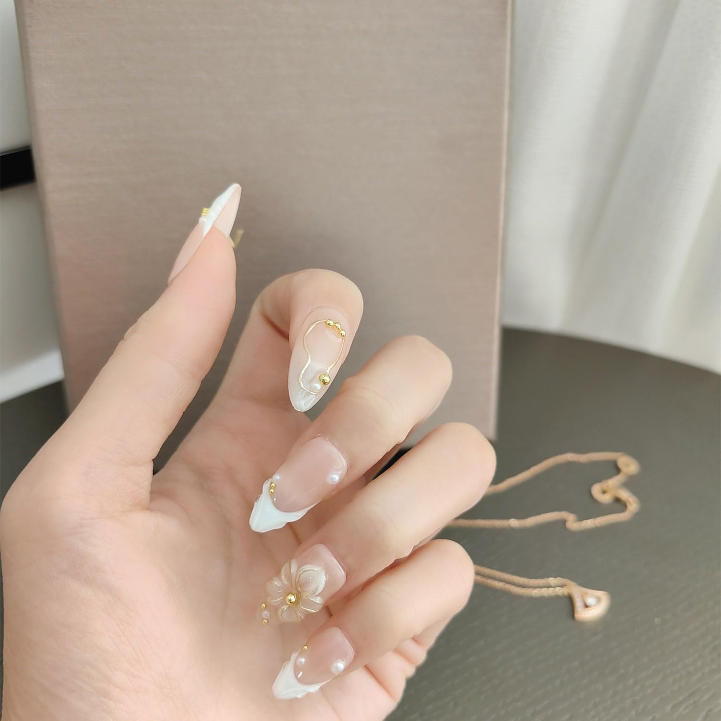 10Pcs Medium Almond Handmade Press On Nails | Easy Apply & Remove, Reusable Salon Quality Nails | Elegant Nude Fake Nails with 3D Floral, Wave French Tip & Pearl Gold Bead Accents(5U13, M)