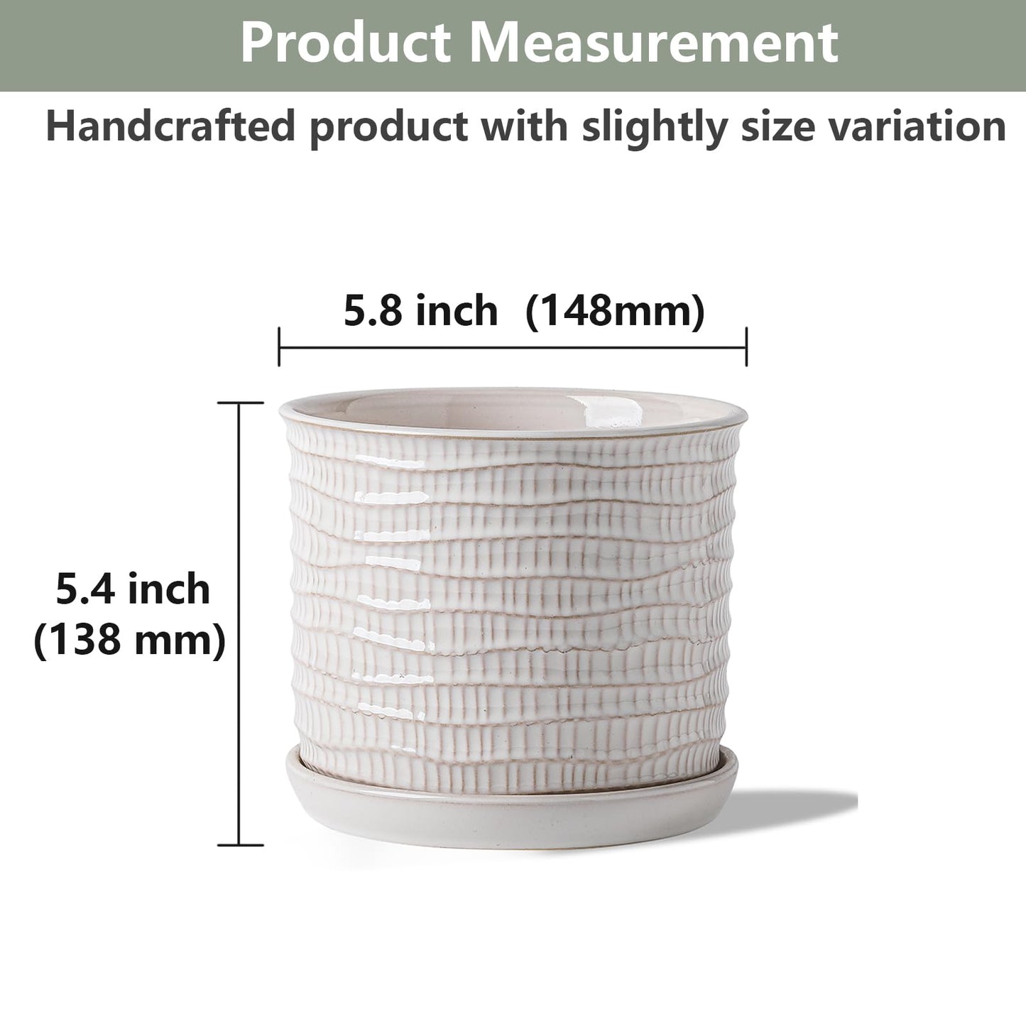 Chubacoo 5.8 Inch Plant Pot: Ceramic Planter with Drainage Hole & Saucer for Indoor Outdoor Plants - Flowerpot with Bonded Tray for Home Office - Wave Embossed