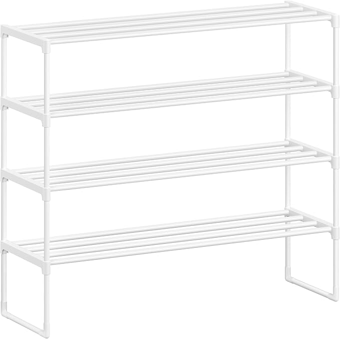 SONGMICS Shoe Rack, 4-Tier Shoe Organizer, Metal Storage Shelf, Upright or Upside Down, for 20-25 Pairs, Stackable, for Entryway, 11.8 x 36.2 x 29.1 Inches, Pearl White ULSA014WK01