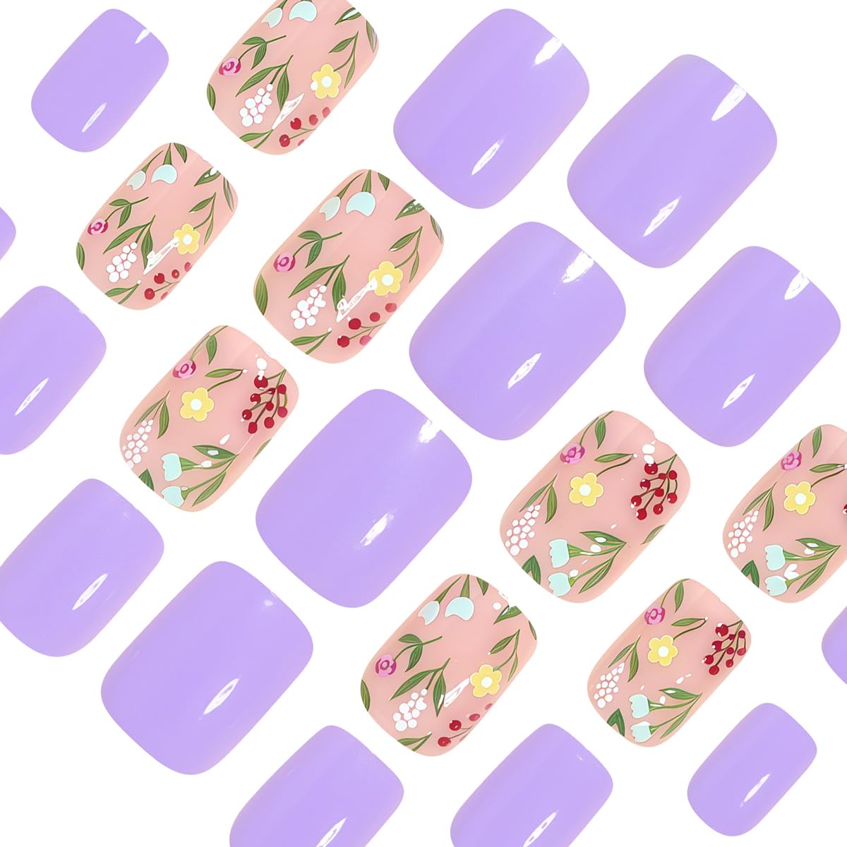 LINMEIZAI Press on Nails Short Square Spring Small Flower Glossy Acrylic Fake Nails Press ons Glue on False Nails for Women Reusable Cute Manicure Set Purple Stick on Nails French Tip Kit 24Pcs