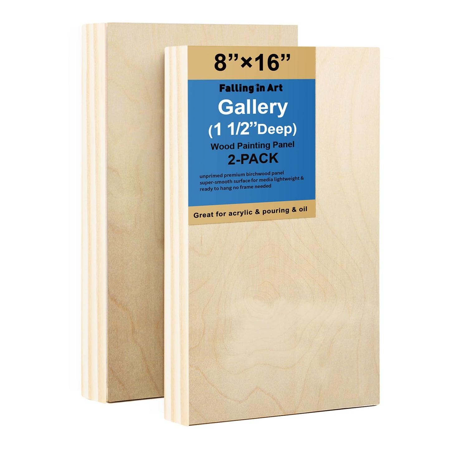 Falling in Art 2 Pack Unfinished Wooden Canvas Panels, 8x16 Gallery Birch Wood Panels Kit, 1 1/2" Deep Art Cradle Boards for Acrylic Painting, Pouring and Burning