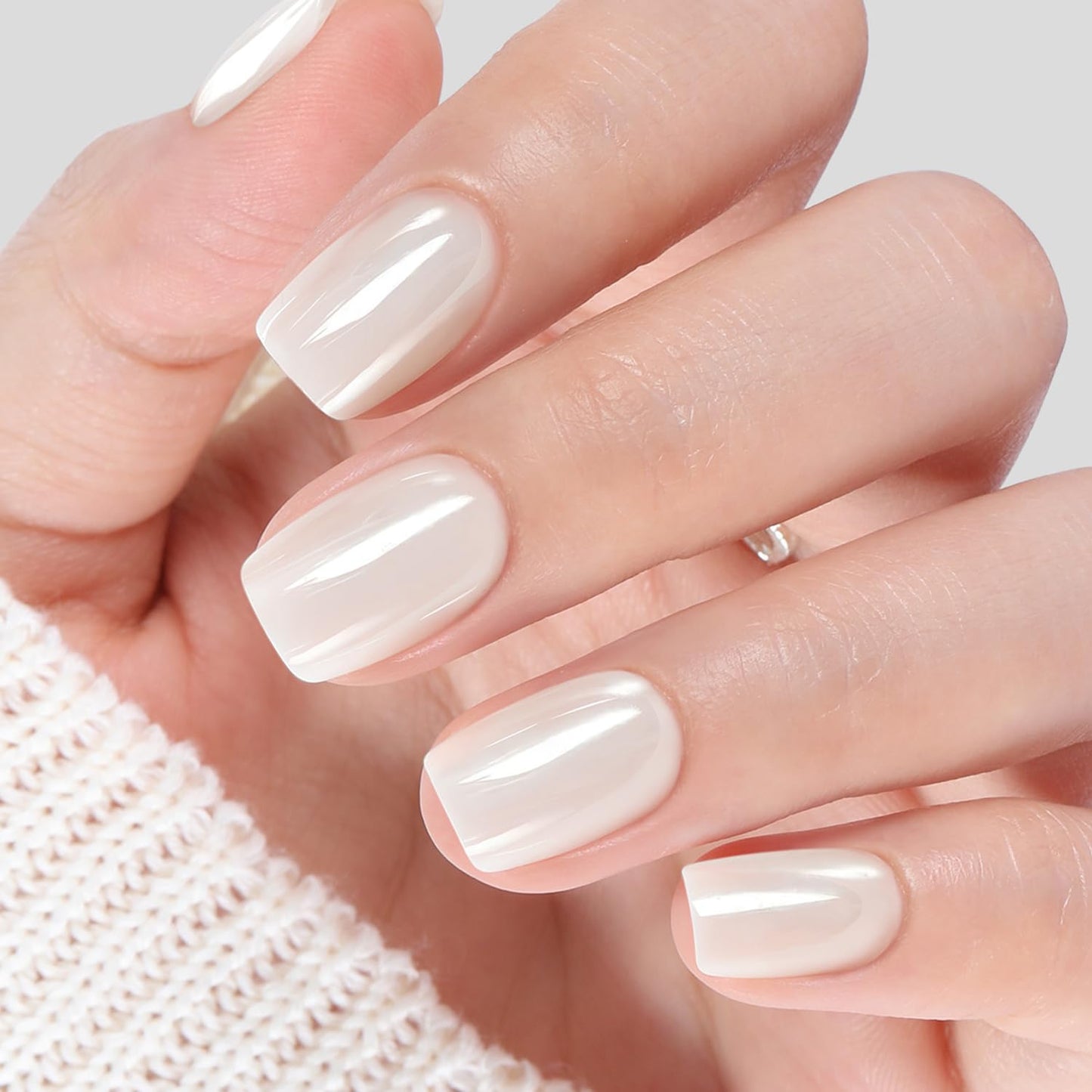 UNA GELLA Press On Nails Short: Chrome White Soft Gel Press Ons Kit with Nail Tips Glue on Nails, 16 Sizes - 32 Reusable Chrome Holographic Fake Nails Kit, Nude White