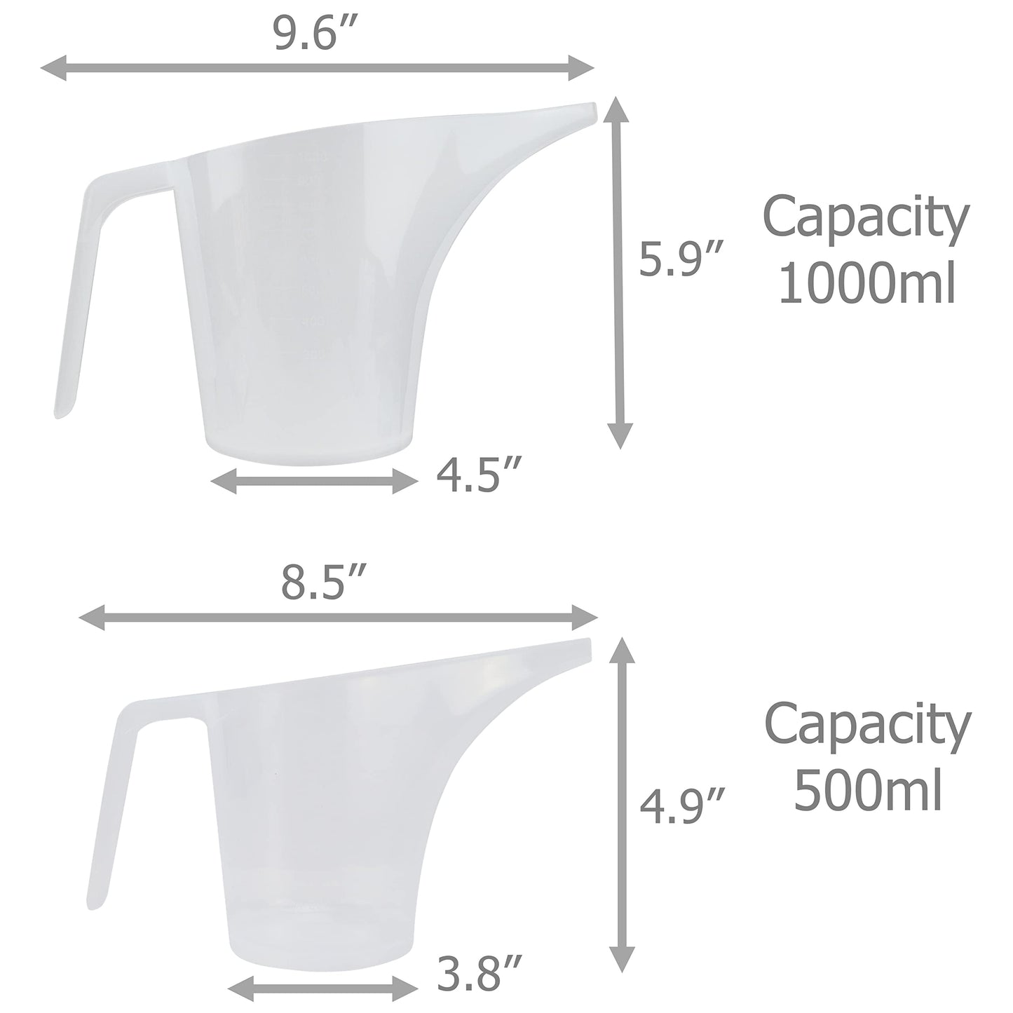 EIKS Plastic Funnel Pitcher Measuring Cup with Long Spout for Filling Muffin Pans, Baking Molds, Salt Shakers, Pancake Batter, Watering Plants (2-Pack 1000ml + 2-Pack 500ml)