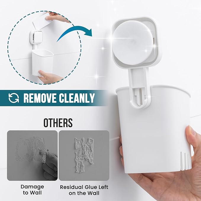 TAILI 2 Pack Suction Toothbrush Holder for Shower Wall, No Nail, No Glue! Self-draining Shower Cup for Toothpaste, Toothbrush, Kitchen Tableware, Strong Suction Cup Razor Holders for Bathroom, White