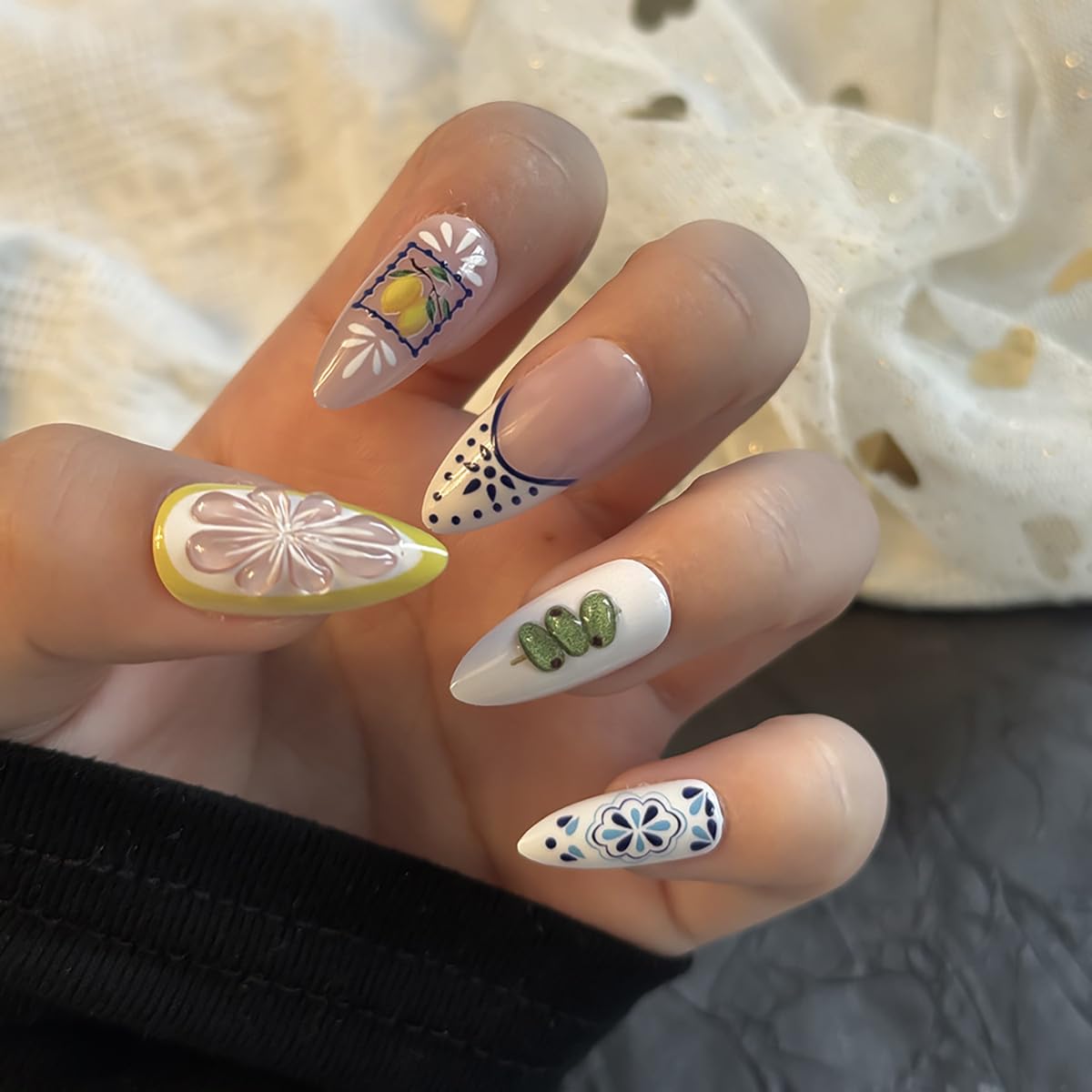 24Pcs Summer Press on Nails Medium Almond Fake Nails Bohemia French Tip Press Ons Design 3D Cute Fish Lemon False Nails Summer Fruit Full Cover Glue on Nails Cute Stick on Nails for Women Acrylic