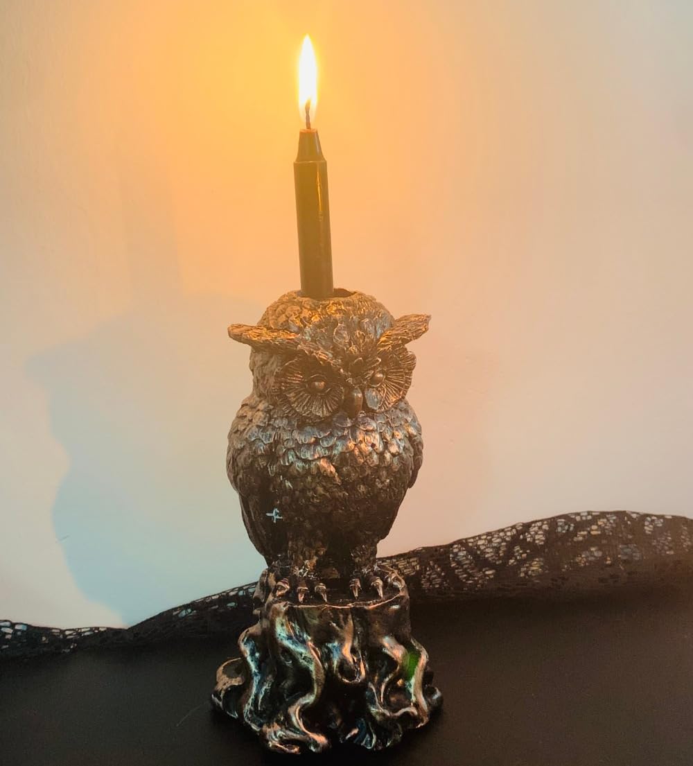Gothic Owl Candle Holder Statue– Day Decor Witchy Occult Altar Decoration, Bird of Minerva Green Shamrock Candlestick Tabletop Candelabra Statue for Home Room (Owl)