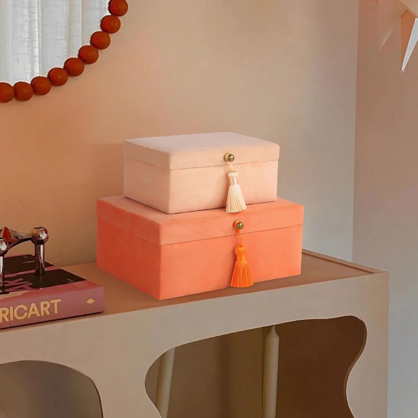 HofferRuffer Velvet Jewelry Boxes Decorative Boxes, Storage Accessory Organizer Boxes with Elegant Handle Decor, Classic Velvet Set of 2 Pieces (Orange)