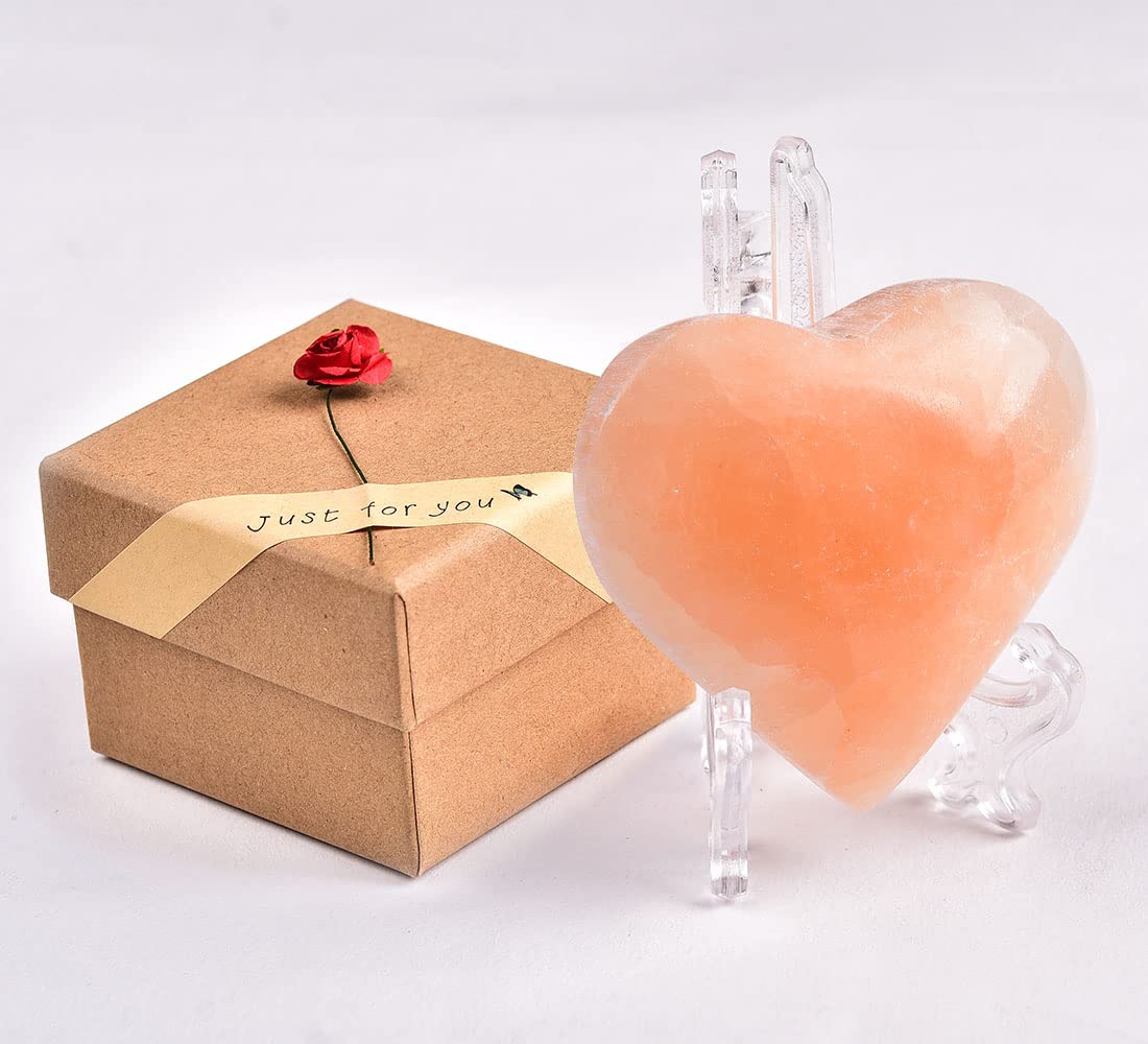 JIC Gem 2 Inch(60mm) Orange Selenite Crystal Stone Heart Palm Worry Stone Healing Crystals Gemstone with Free Display Holder and Gift Box Home Decoration