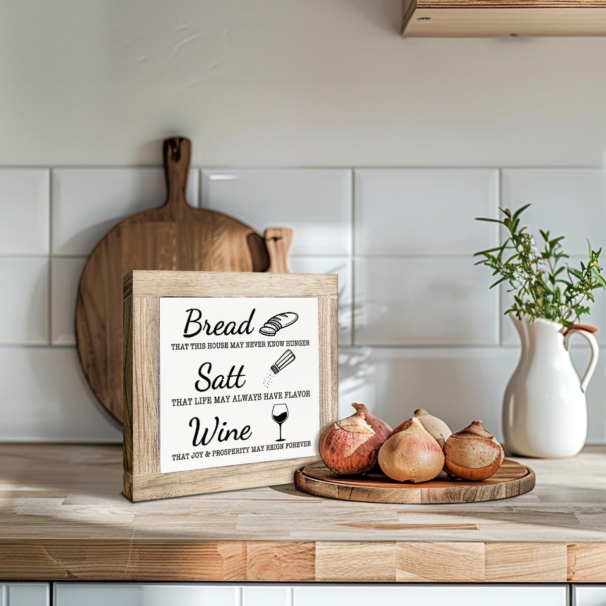 Bread Salt Wine Sign, Farmhouse Kitchen Decor, Shelves Decoration, Kitchen Desk Signs, Home Decor, Dining Room Decors, Freestanding Wooden Block Signs, Housewarming Gift