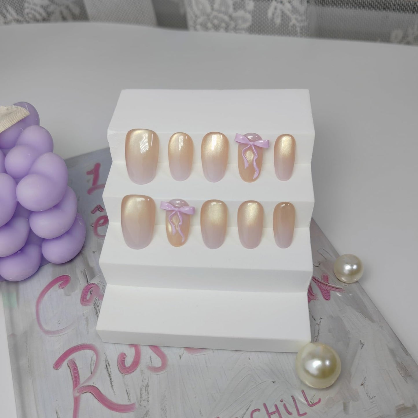 Short/Medium Oval Nails Handmade Glitter Press on Nails with Designs, Cat Eye/Aurora Women Reusable False Nails (Purple Ombre#Medium)