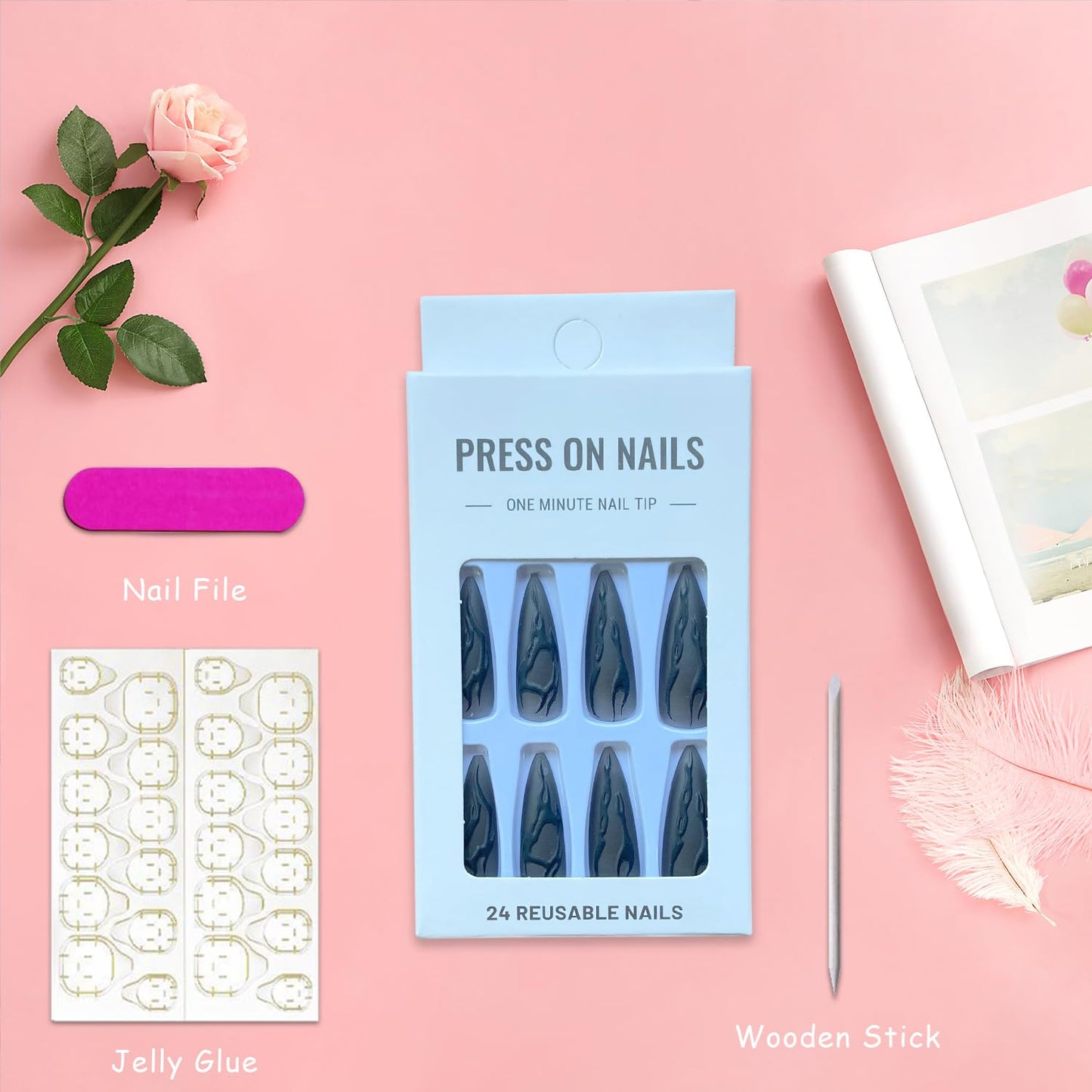 Stilettos Press on Nails Extra Long Black Design Glue on Nails Artificial Acrylic Fake Nails for Women Girls