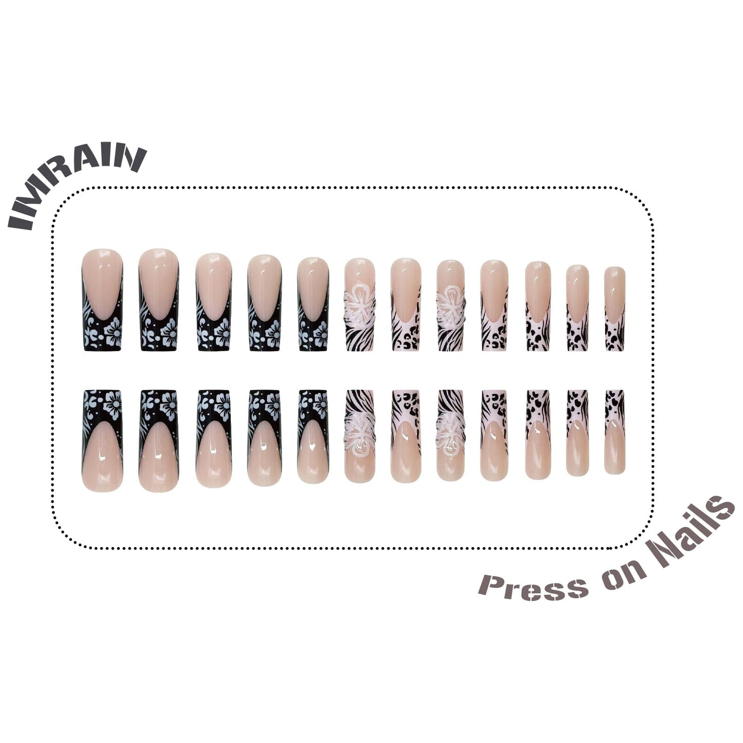 IMRAIN Press on Nails Long Square Fake Nails Black White Zebra Stripes French Tips False Nails with 3D Flower Designs Full Cover Glossy Artificial Glue on Nails for Women 24Pcs