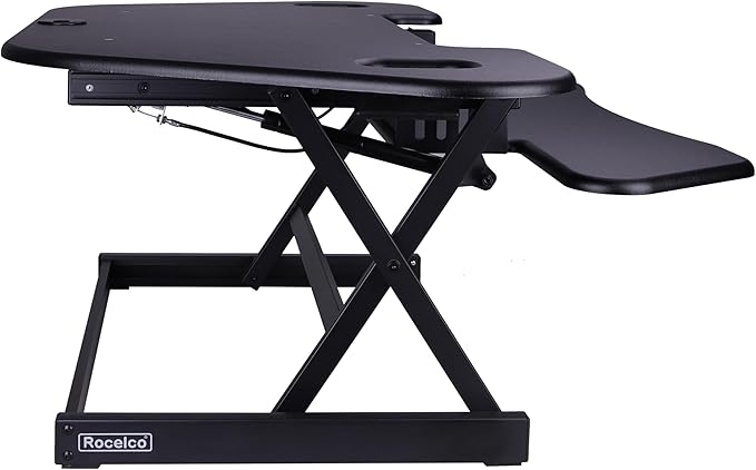 Rocelco 46" Height Adjustable Corner Standing Desk Converter - Quick Sit Stand Up Dual Monitor Riser - Gas Spring Assist Tabletop Computer Workstation - Large Keyboard Tray - Black (R CADRB-46)