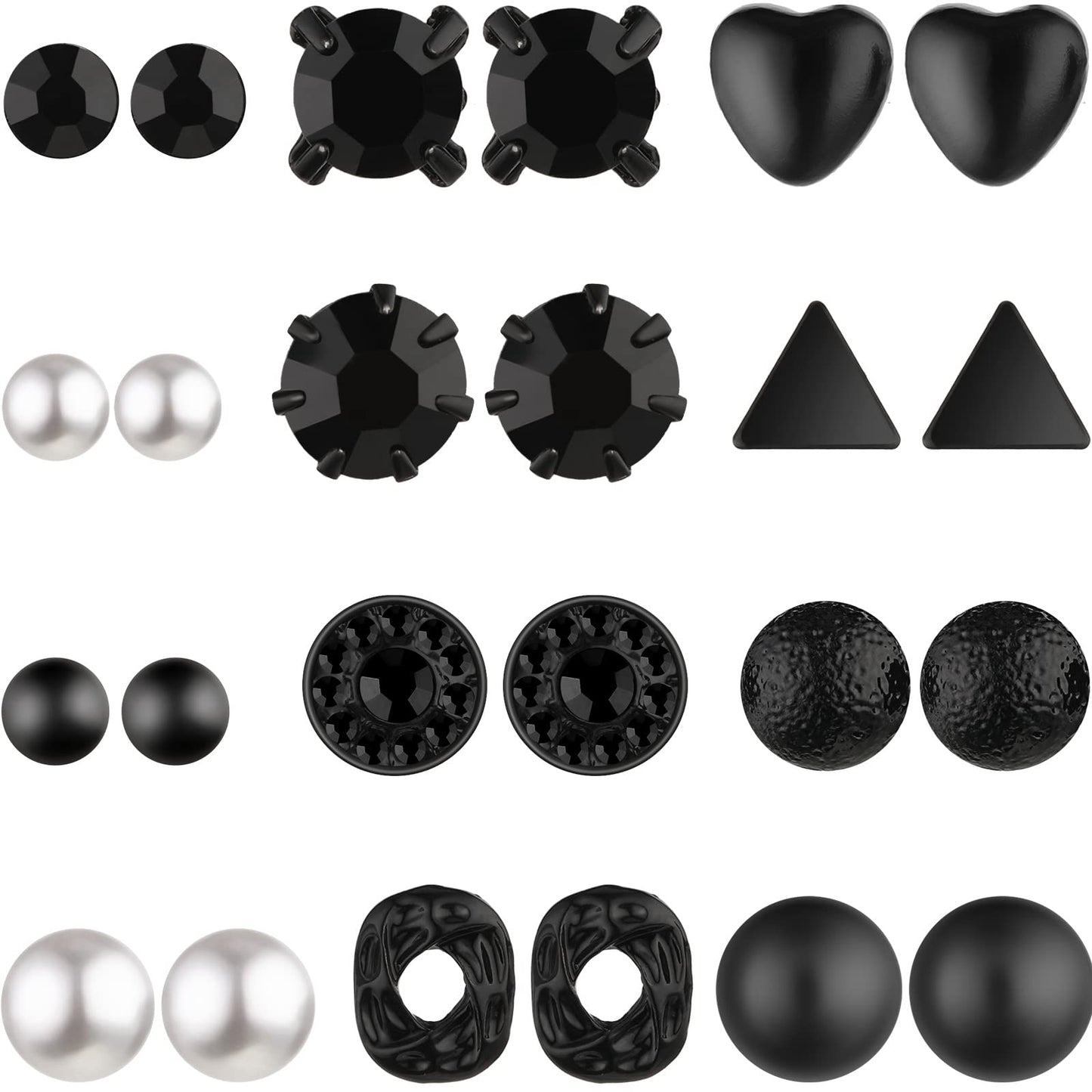 BBTO 24 Pairs Stud Earrings Crystal Pearl Earring Set Ear Stud Jewelry for Women Men(Black)