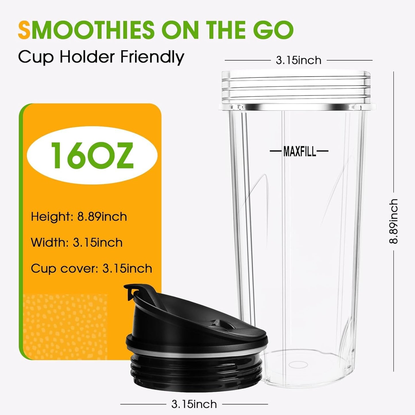 Blender 16oz Cups Replacement for Ninja - 3 Pack Ninja Blender Cups with Lids, Compatible with Ninja QB3001SS, BL770, BL780, BL660, BL740, BL810, Nutri Ninja Series Blenders