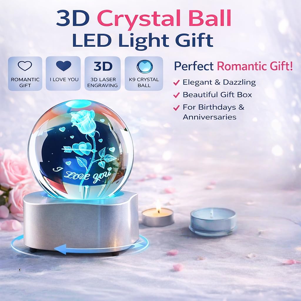 Zerelys Valentine’s Day Romantic Gift for Him Her -3D Rose Crystal Night Light Gifts for Girlfriend Wife Husband Couples Wedding Anniversary Birthday Keepsake with Automatic Rotating Light Led Base
