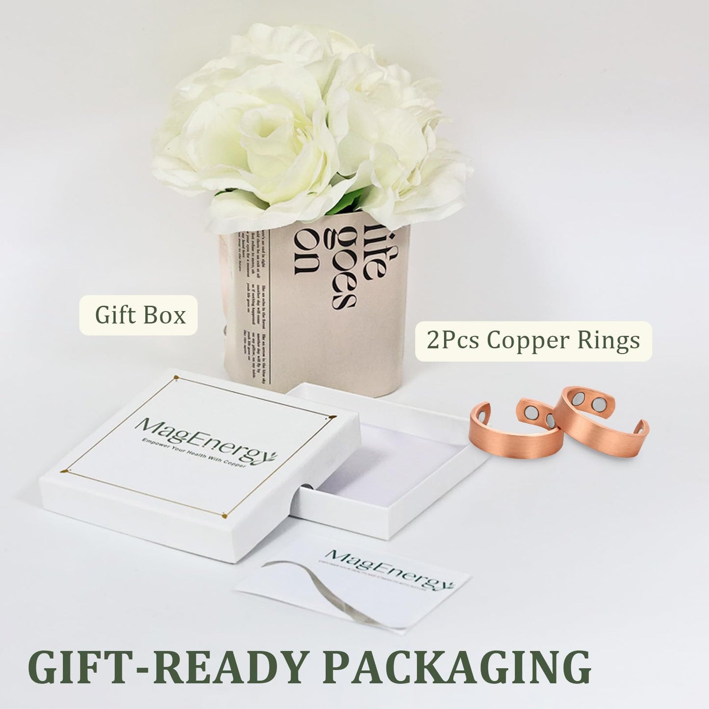 MagEnergy 2PCS Copper Rings for Men & Women, 99.9% Pure Copper Magnetic Adjustable Thumb Ring with Strong Magnet, Lymphatic Therapy Jewelry Gift with Present Box