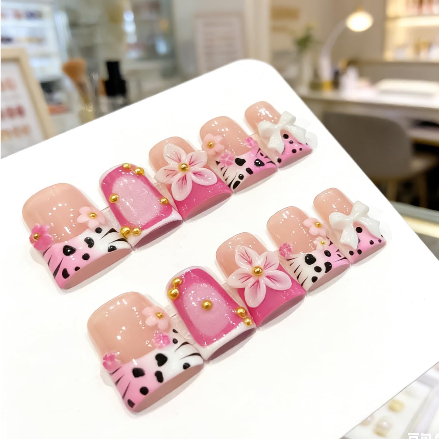 10 Pieces Luxury Acrylic Press On Nails Medium Handmade Duck Nails, Colorful Thickened French False Nails Leopard Print Flowers Design Reusable Acrylic Nails for Women (S)