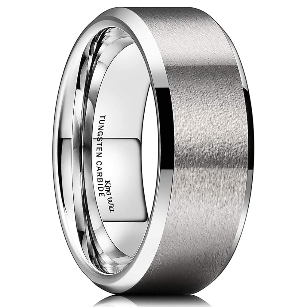 King Will 8mm Men's Silver Wedding Ring - Brushed Matte Surface, Beveled Polished Edge, Comfort Fit Size 12