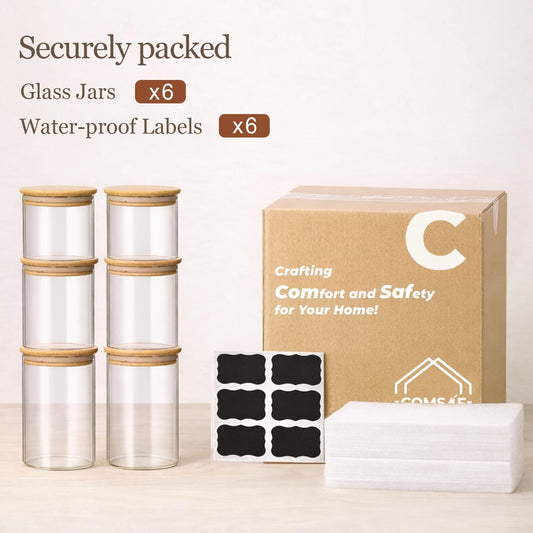 ComSaf Glass Storage Containers with Lids (0.6qt/1qt/1.5qt) Set of 6,Glass Pantry Storage Containers with Airtight Lid & lables for Dry Food, Snacks, Nuts, Stackable for Kitchen, Pantry Organization
