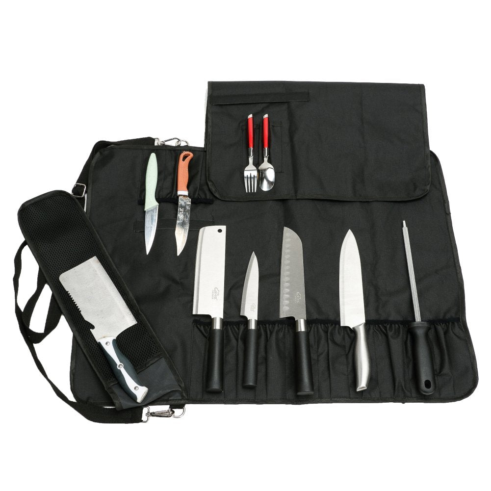 HERSENT Knife Roll,Chef Knife Roll Bag With 17 Slots Can Holds13 Knives,1 Meat Cleaver, And 3 Utensil Pockets,Durable Knife Bag With Handle,Shoulder Strap & Zippered Mesh Pocket Holder