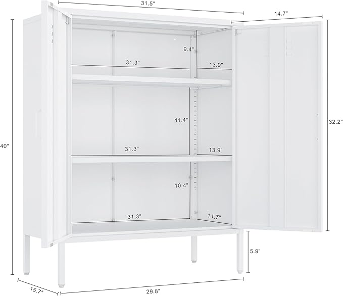 Manhattan Comfort Naomi Modern Metal Accent Cabinet, Minimalist Storage Cabinet with Doors & Adjustable Shelves, Vented Doors, Sturdy Steel Build, Versatile & Multi-Purpose Home Furniture, White