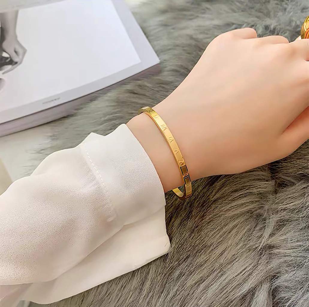 Jarlinwel Gold Silver Plated Bracelets for Men Women Roman Numeral Bangle Bracelet Stainless Steel Personalized Engraved Unisex Gift (Gold 4mm Womens)