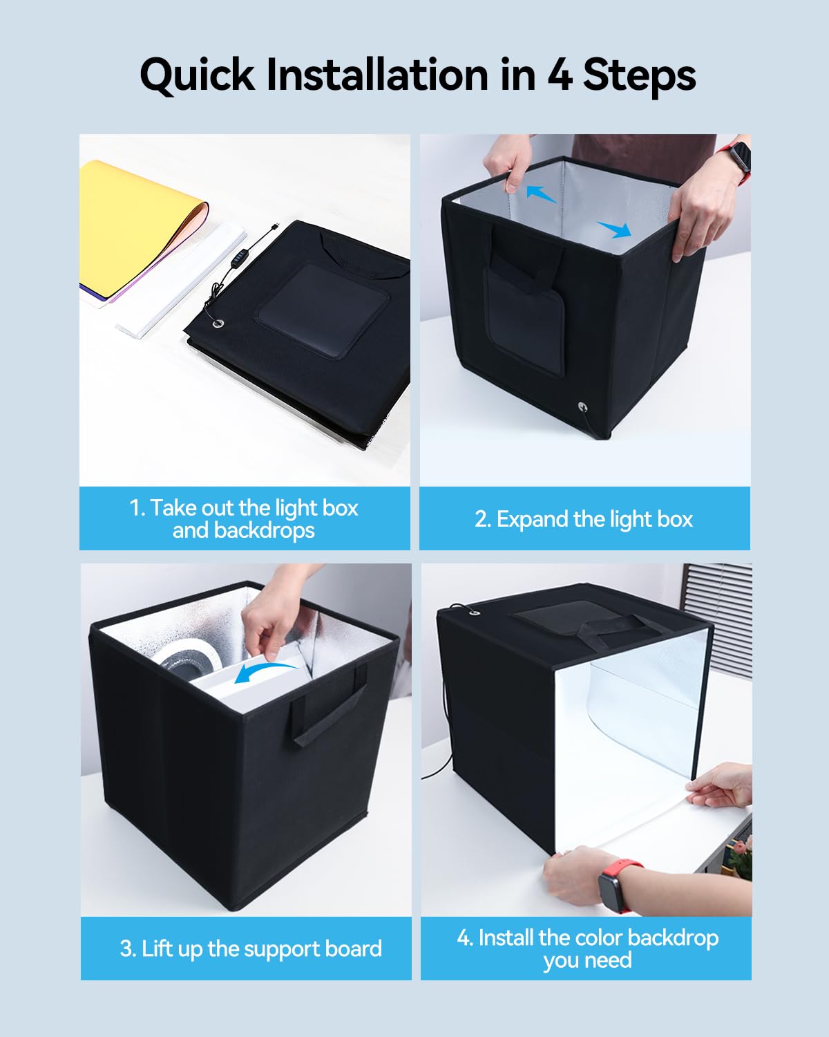 Takerers 16"x16"x16" Photo Studio Light Box Photography Booth with 120 LEDs, 3000-5700k Adjustable, 6 Color Backdrops, Dimmable Folding Shooting Tents for Product
