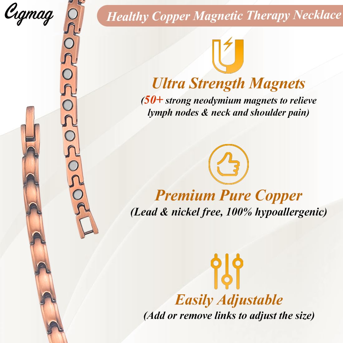 Cigmag Copper Necklace for Women, with 99% Solid Pure Ring Ultra Strength Magnets, Adjustable New Slim and Lightweight