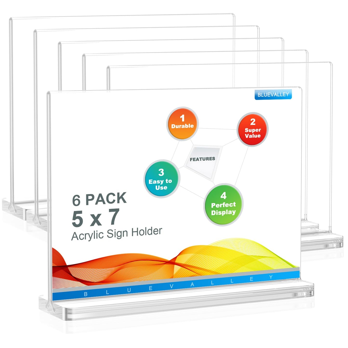 BlueValley Acrylic Sign Holder 7x5 - Double Sided Sign Stand Clear Paper Display Holder for Menu, Flyer, Document or Picture | Desktop Plastic Frame for Office, Store, Restaurant, Show Fair - 6 Pack