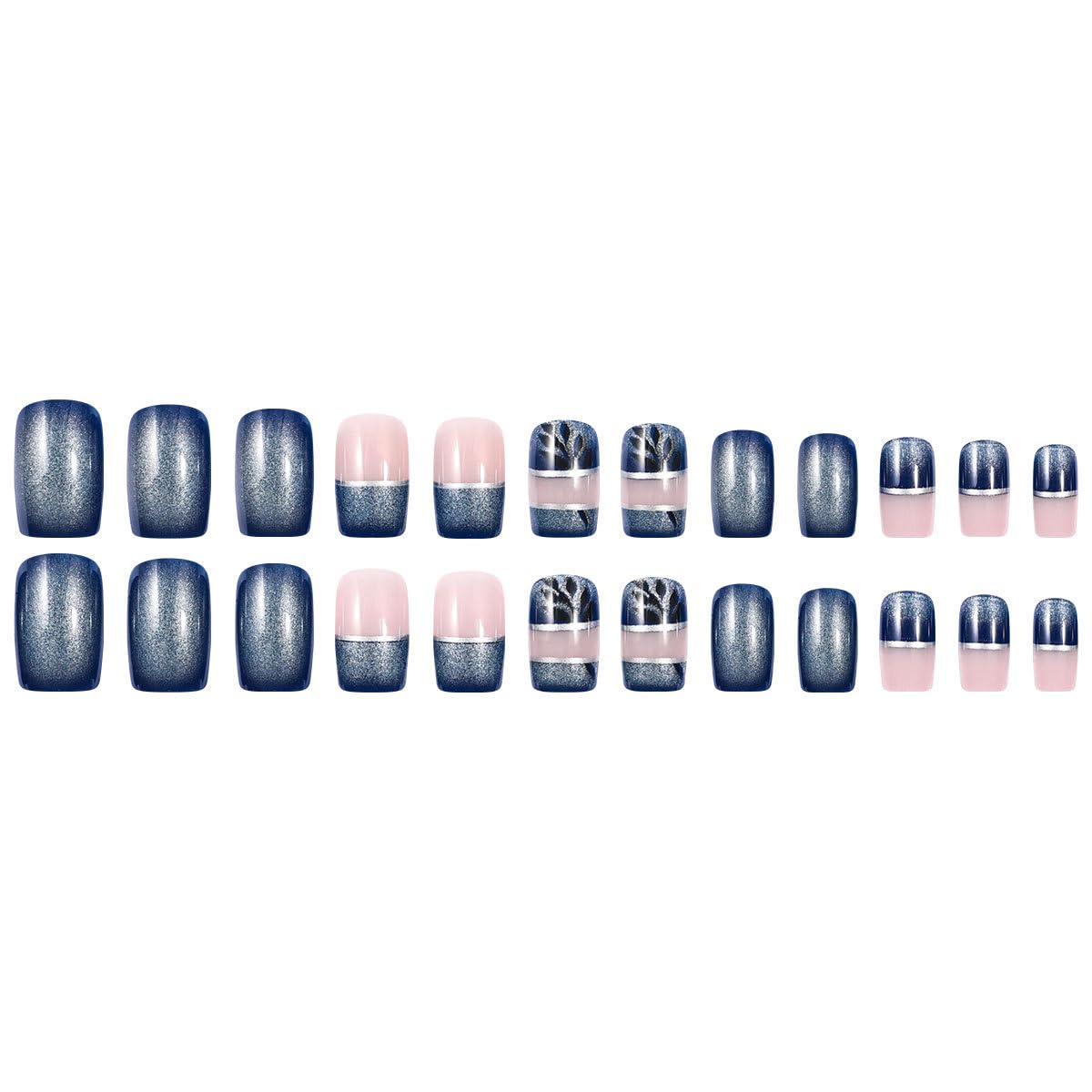 24pcs Blue French Nail Press-On Square Medium False Nails Gold Blue Leaf Glue Acrylic Nails Full Cover Spring Summer False Nails with Pattern Flower Nail Art Decoration for Women