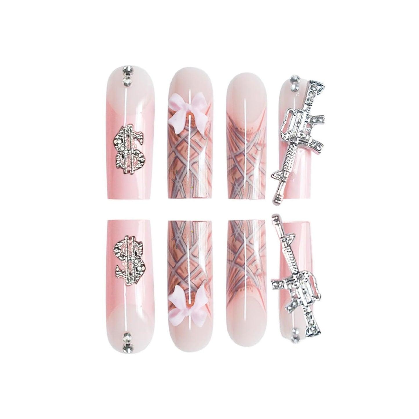 FIEONCIY Press on Nails Coffin Long Length Acrylic Glossy Full Cover Square Shaped French False Nails with Designs Artificial Extra Long Fake Nails with Charms Glue ons Fingernails for Women(AA106)